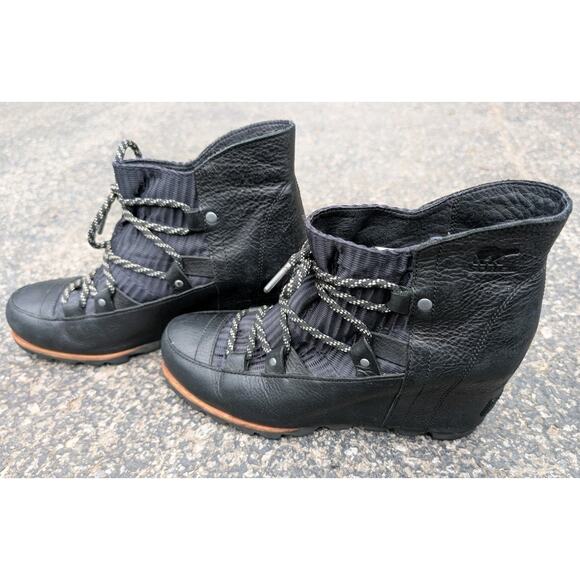 Sorel Womens Sandy Hidden Wedge Lace Up Ankle Booties Size 9.5 Black Leather - Picture 1 of 7